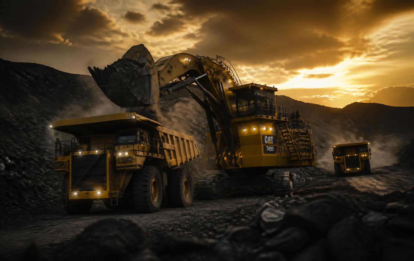 Mining excavator loading a haul truck at dusk