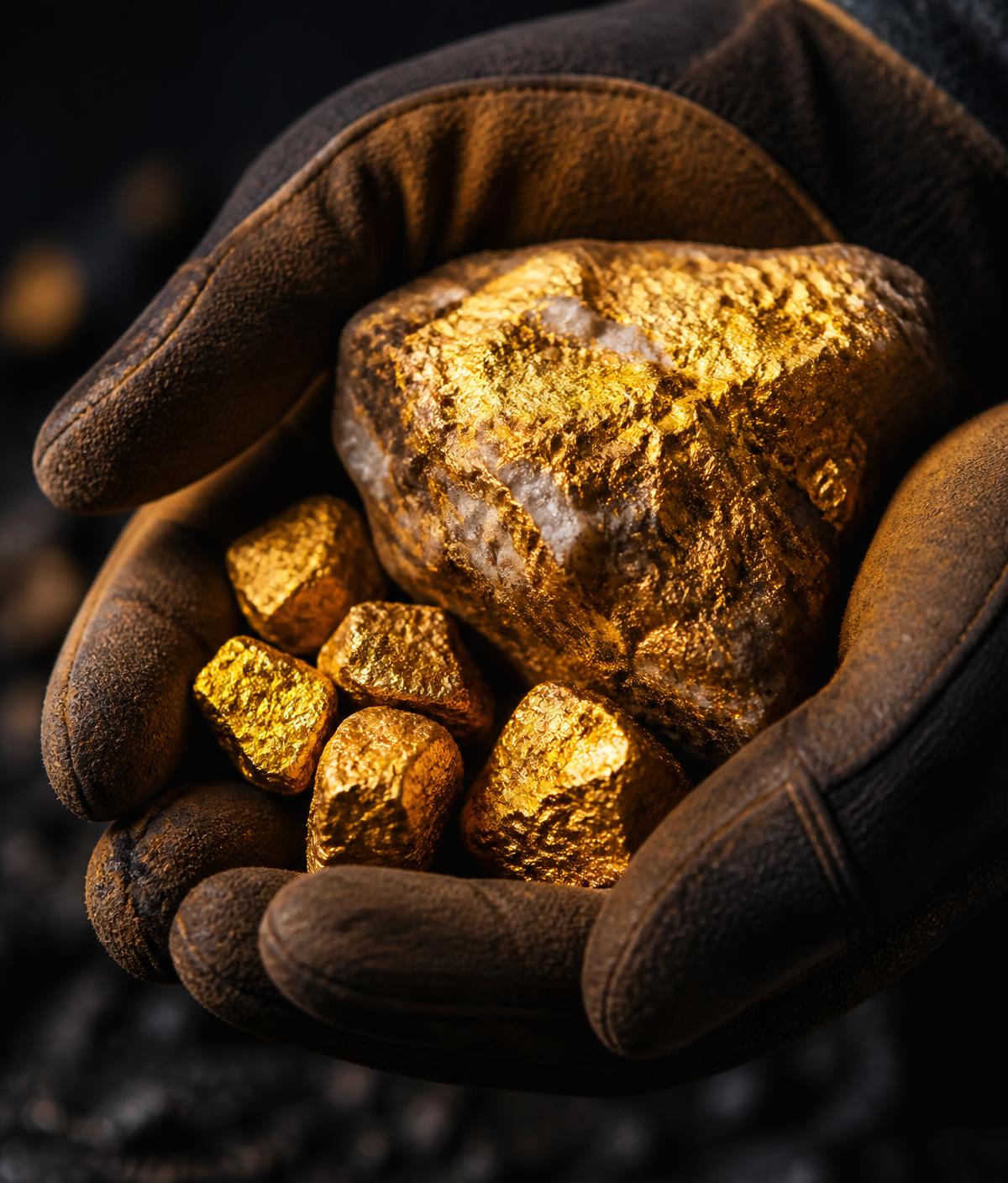 Gold ore and nuggets held in a geologist's gloved hands