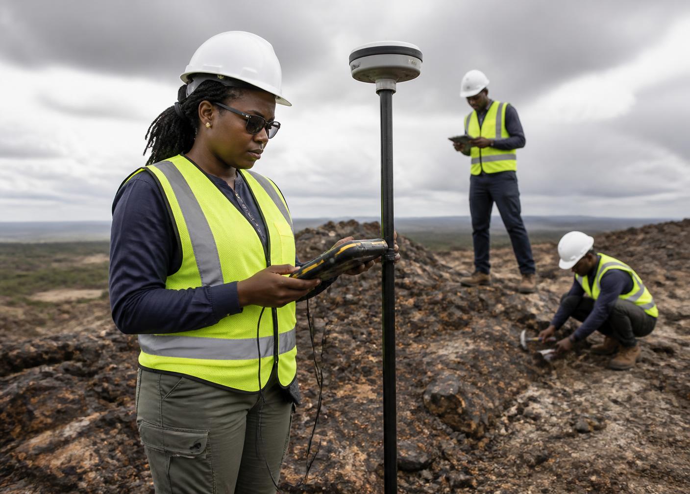 Geologists conducting a field survey with GPS equipment